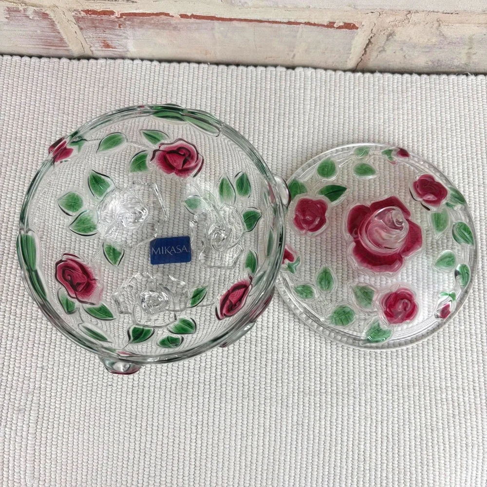 Vintage Mikasa Glass Rose Footed Covered Candy Dish Hand Painted Cottagecore